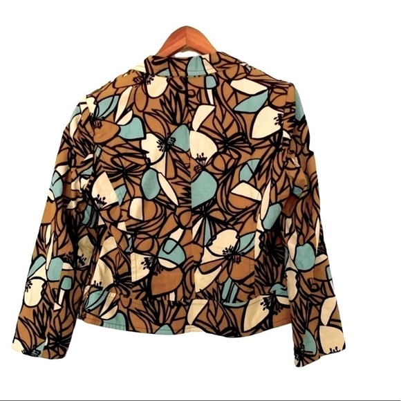 R.Q.T Linen Boxy Teal Cream Brown Graphic Cropped Lightweight Blazer Sz 12P - Picture 2 of 10